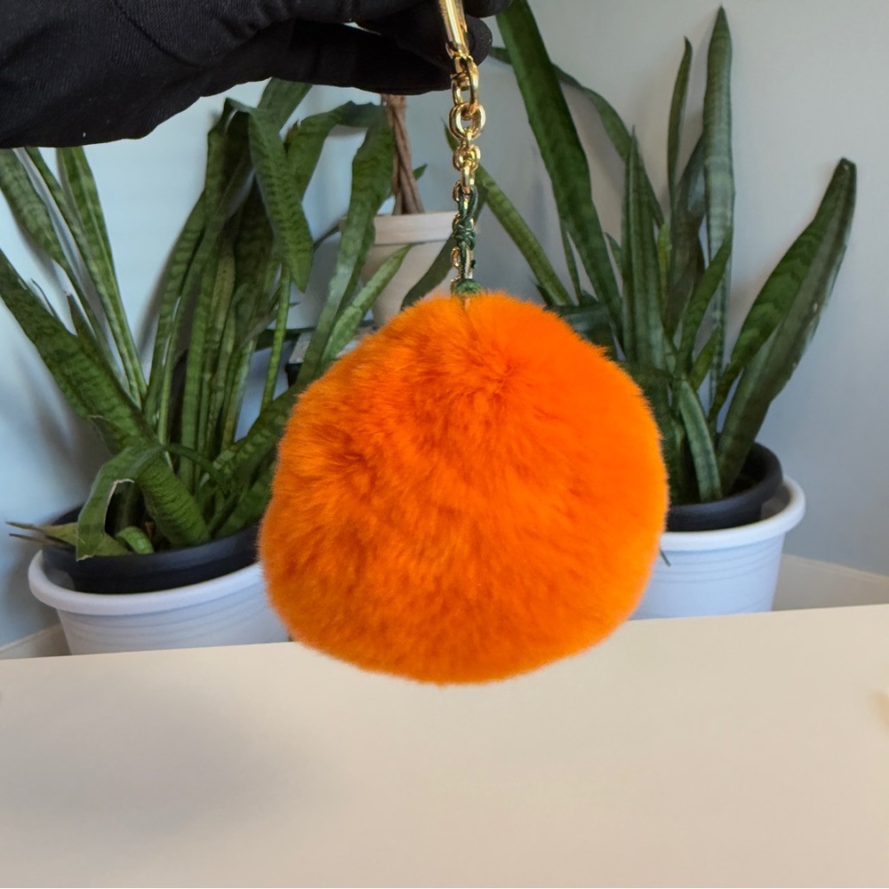 Orange Furry Pom Pom Keychain with Green Leaf - Picture 2 of 12